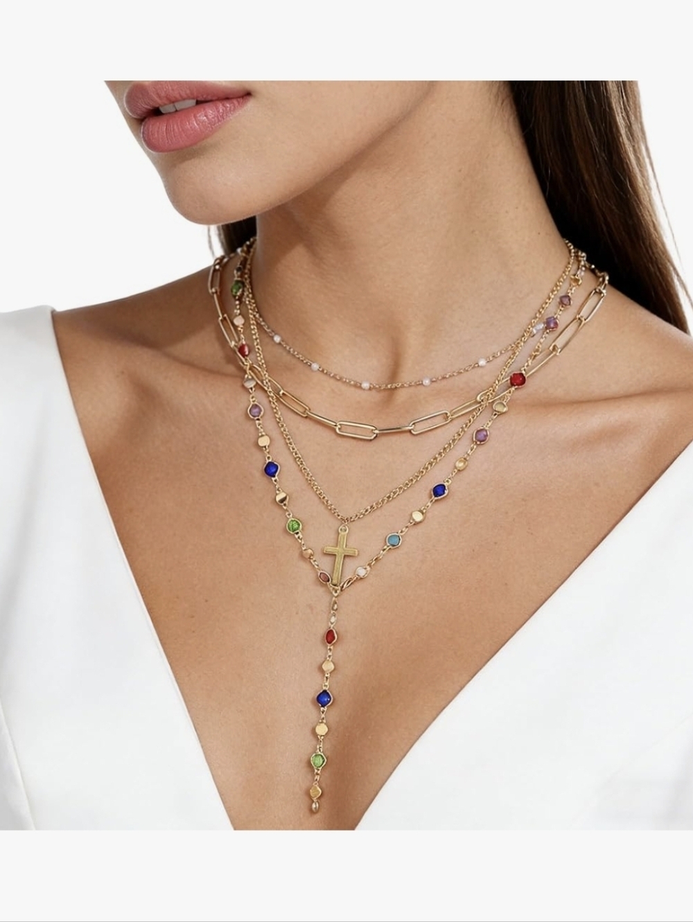 Gold Multi-Color Layered Cross Y-Necklace